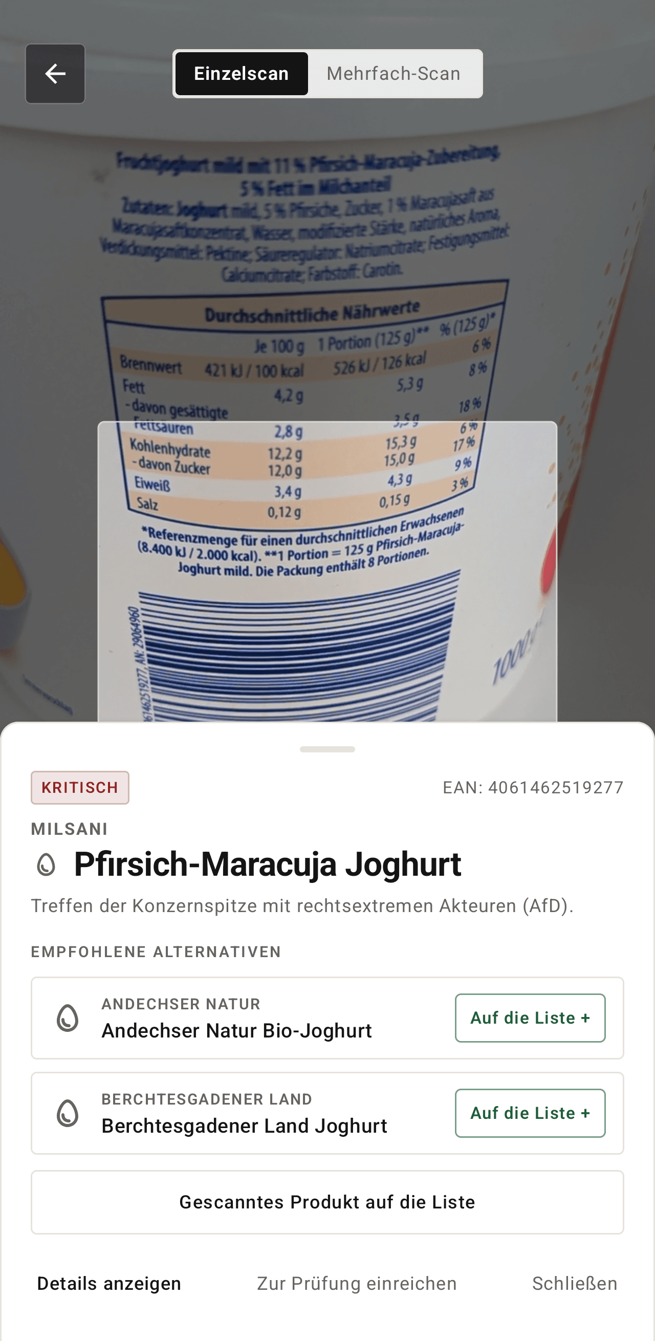EthiLens Scanner mit Barcode-Erkennung und Alternativen