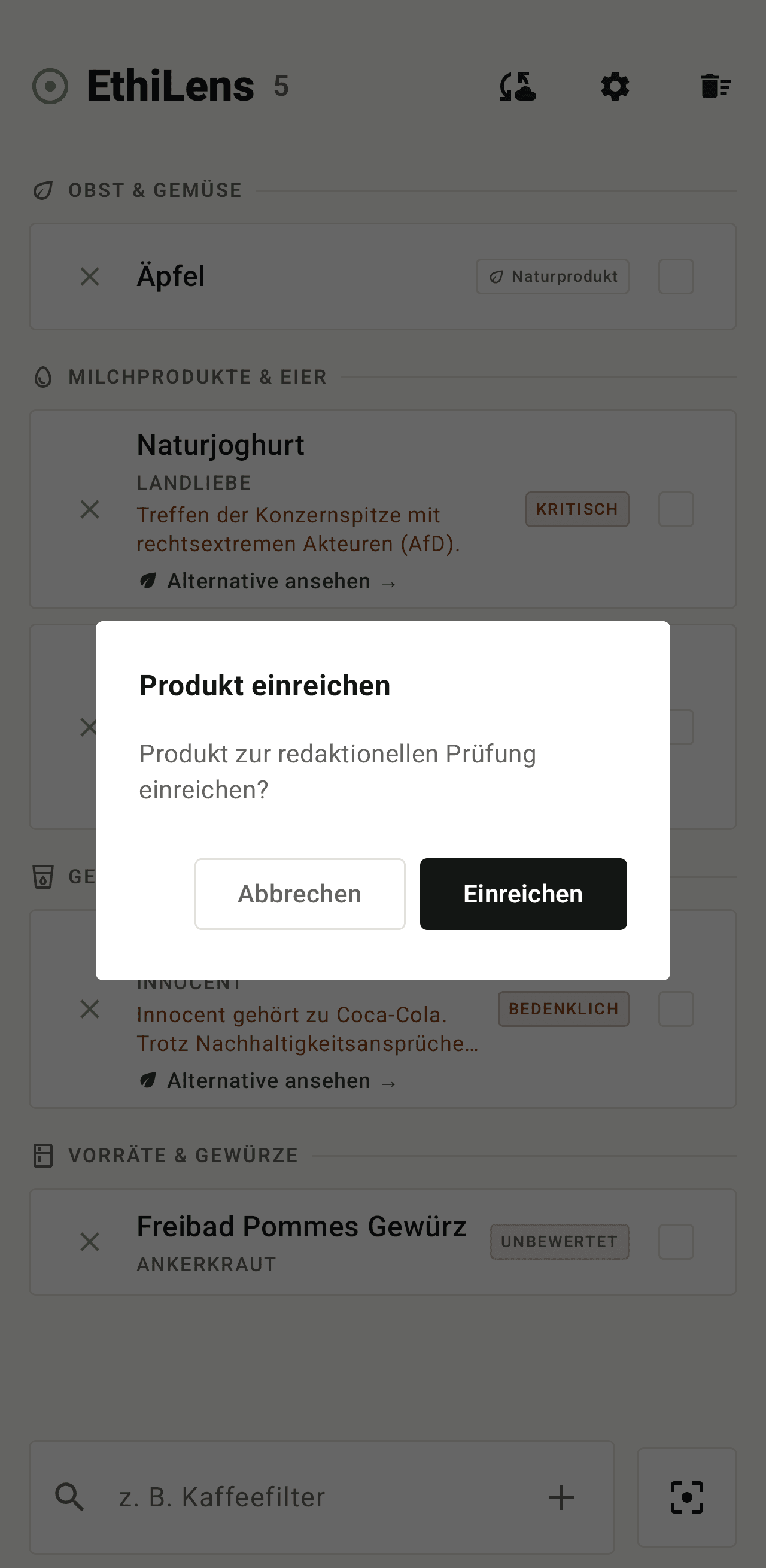 Dialog zum Einreichen eines Produkts zur redaktionellen Prüfung