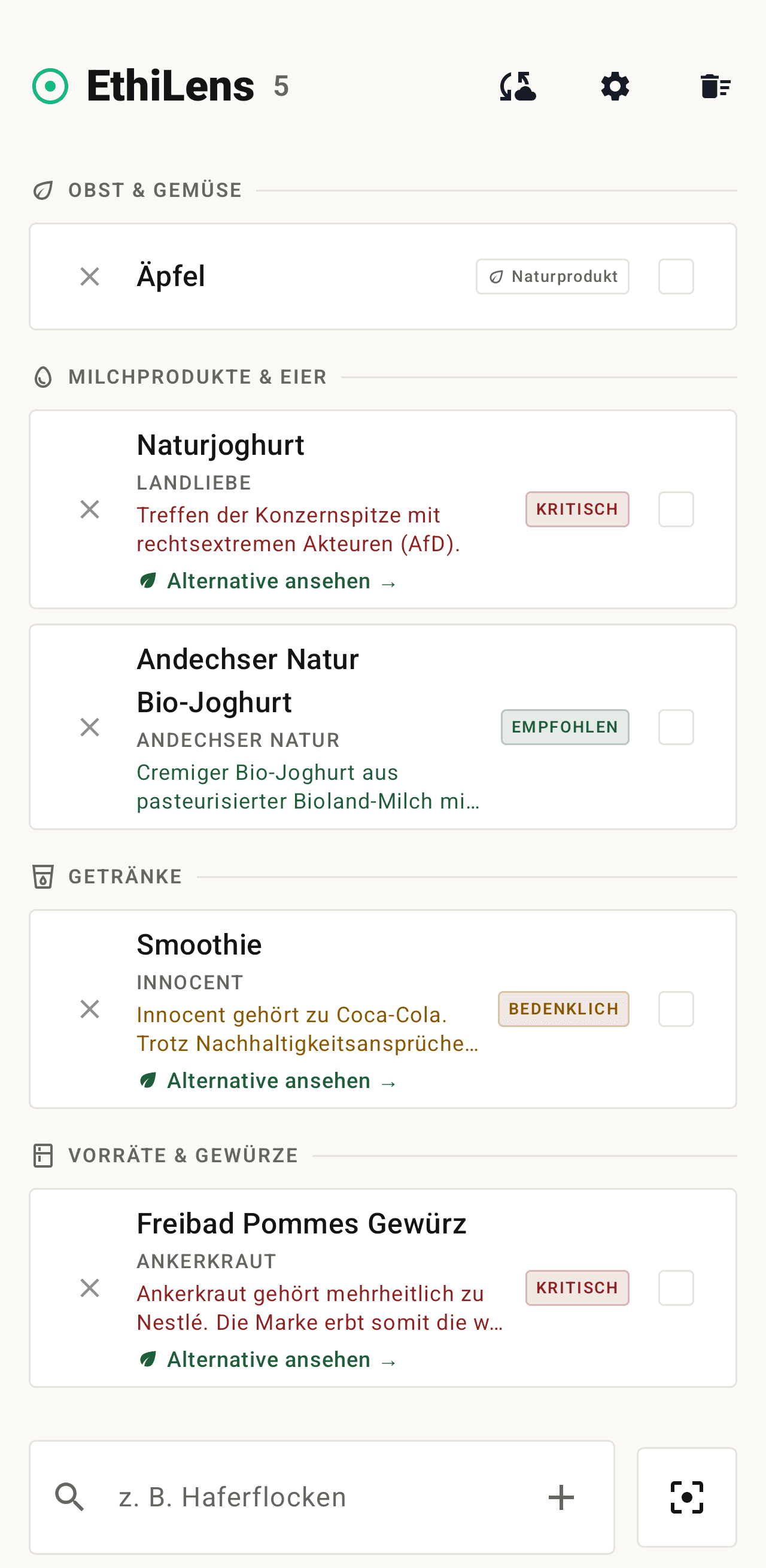 EthiLens Einkaufsliste, nach Produktgruppen sortiert